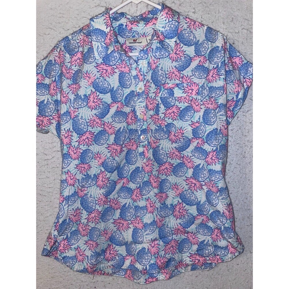 Vineyard Vines Womens sz 6 Popover Pineapple Blue Pink Short Sleeve Shirt